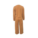 Women Solid Round Neck Long-Sleeved Top and Pants Two-Piece Set