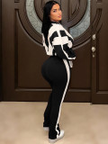 Plus Size Women Color Block Patchwork Jacket and Casual Pants Two-Piece Set