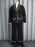 Plus Size Women's Fashion Black Contrast Trim V-Neck Blazer and Wide-Leg Pants Set