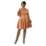 Women Autumn/Winter Turndown Collar Long-Sleeved Maxi Dress