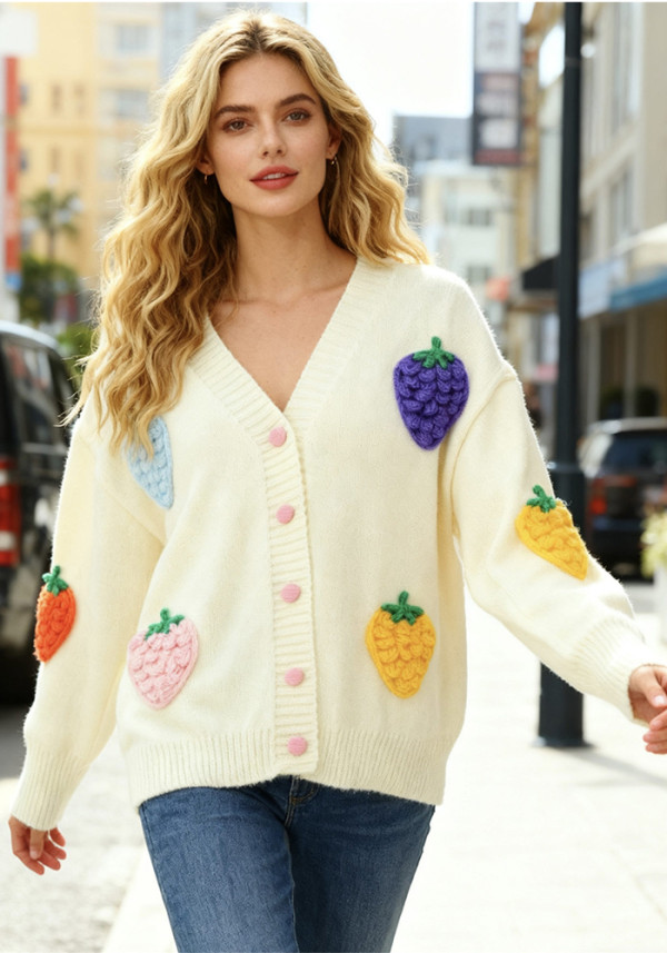Women Autumn/Winter Strawberry Jacquard Casual Knitting Sweater