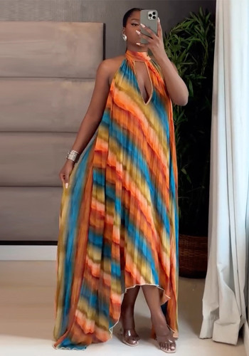 Women Autumn Halter Neck Print Hollow-Out Pleated Maxi Dress