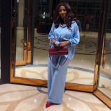 Plus Size African Women Solid Turndown Collar Shirt and Casual Pant Two-Piece Set