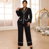 Plus Size Women's Fashion Black Contrast Trim V-Neck Blazer and Wide-Leg Pants Set