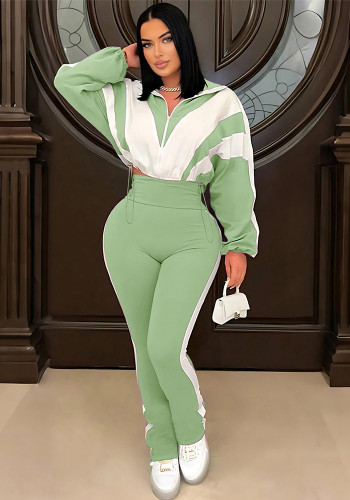 Plus Size Women Color Block Patchwork Jacket and Casual Pants Two-Piece Set