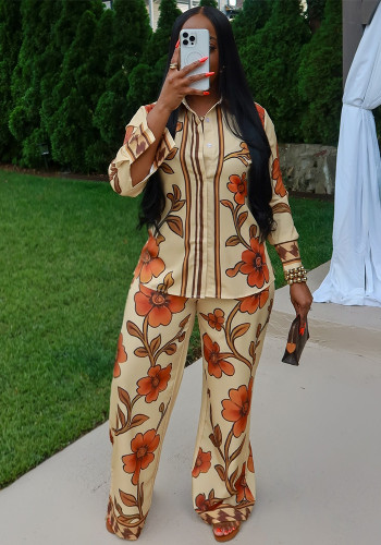 Plus Size African Women Turndown Collar Print Long-Sleeved Shirt and Wide-Leg Pant Two-Piece Set