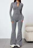 Women Autumn/Winter Zipper Long-Sleeve Jacket and Bell Bottom Pants Yoga Two-Piece Set