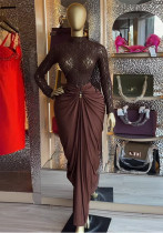 Women Autumn Long-Sleeved High-Neck Lace Top and Skirt Two-Piece Set