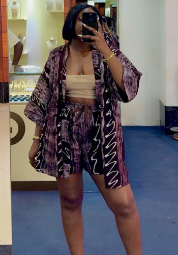 Plus Size African Women Casual Print Shirt and Shorts Two-Piece Set