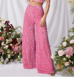 Women's Spring Summer Casual Solid Color Sequin Mid-Waist Wide-Leg Pants