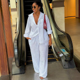 Women Autumn Turndown Collar White Long-Sleeve Shirt and Wide-Leg Pants Two-Piece Set