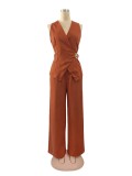 Women's Summer Career Sleeveless V-Neck Vest and Wide-Leg Pants Set