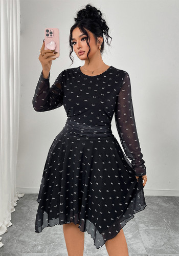 Women Bow Print Chiffon Dress