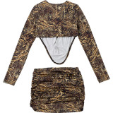 Women's Autumn Winter Sexy Leopard Print V-Neck Top and Low-Waist Short Skirt Set