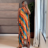 Women Autumn Halter Neck Print Hollow-Out Pleated Maxi Dress