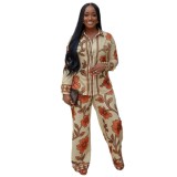 Plus Size African Women Turndown Collar Print Long-Sleeved Shirt and Wide-Leg Pant Two-Piece Set