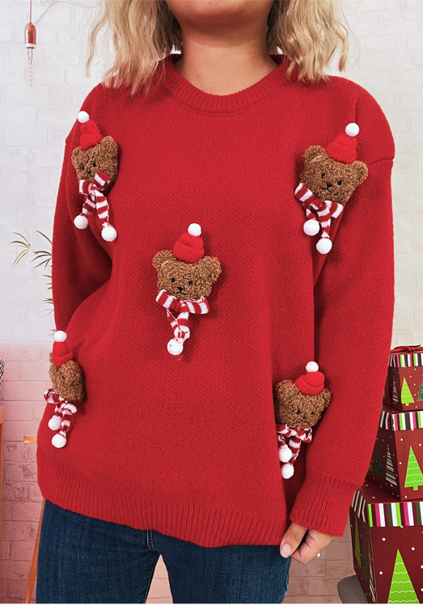 Women Bear Round Neck Casual Long-Sleeve Sweater