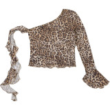 Women's Autumn Winter Street Slash Shoulder Sexy Leopard Print Slim Fitted Top