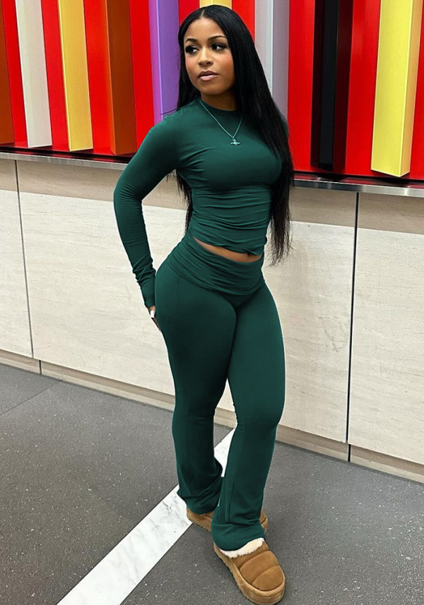 Women Autumn Solid Long-Sleeved Top and Pants Two-Piece Set