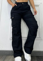 Women Autumn/Winter Solid Casual Cargo Wide-Leg Pants