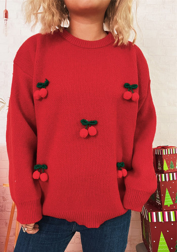 Women Christmas Cherry Round Neck Casual Sweaters