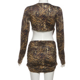 Women's Autumn Winter Sexy Leopard Print V-Neck Top and Low-Waist Short Skirt Set