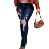 Women Ripped Tassel Slit Denim Pants