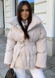 Women Long-Sleeved Tie-Waist Solid Autumn/Winter Padding Coat