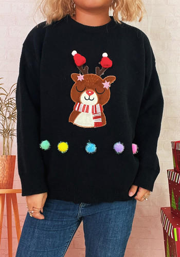 Women Christmas Cartoon Deer Round Neck Casual Sweater