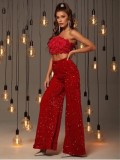 Women's Spring Summer Casual Solid Color Sequin Mid-Waist Wide-Leg Pants