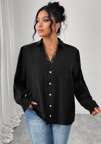 Women French Style Black Lace Button-Down Shirt Top