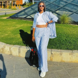 Plus Size Women Casual Striped Shirt and Pant Two-Piece Set