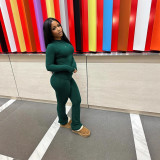 Women Autumn Solid Long-Sleeved Top and Pants Two-Piece Set