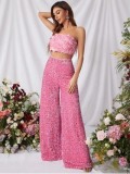 Women's Spring Summer Casual Solid Color Sequin Mid-Waist Wide-Leg Pants