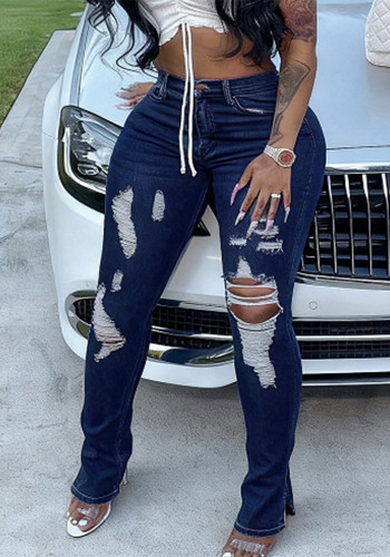 Women Ripped Tassel Slit Denim Pants