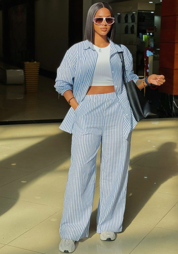 Plus Size Women Casual Striped Shirt and Pant Two-Piece Set