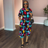 Plus Size Women Casual Print V-Neck Shirt and Capri Pants Two-Piece Set