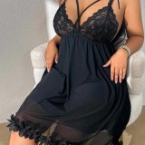 Plus Size Women Lace Slip Dress Mesh V-Neck Nightgown Lingerie