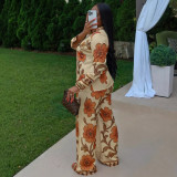 Plus Size African Women Turndown Collar Print Long-Sleeved Shirt and Wide-Leg Pant Two-Piece Set