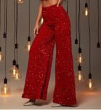 Women's Spring Summer Casual Solid Color Sequin Mid-Waist Wide-Leg Pants