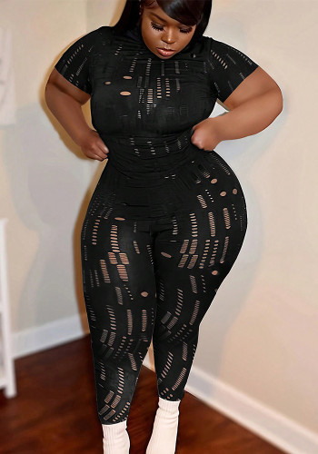 Plus Size Women Solid Short-Sleeve Ripped Top and Pants Two-Piece Set