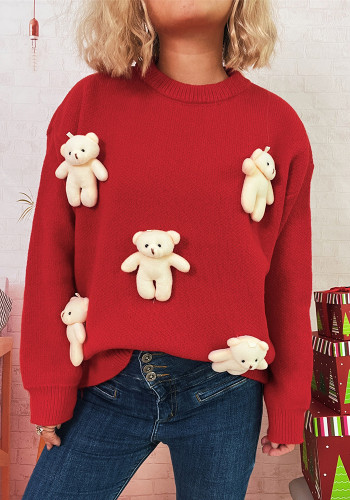 Women Autumn/Winter Christmas Patchwork Bear Sweater