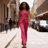 Women's Summer Career Sleeveless V-Neck Vest and Wide-Leg Pants Set