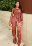 Women Button Leopard Print Top and Pant Two-Piece Set
