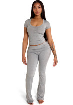 Women Solid Sexy Short-Sleeve Top and Pants Yoga Two-Piece Set