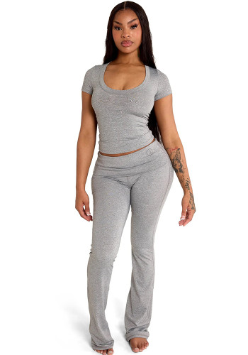 Women Solid Sexy Short-Sleeve Top and Pants Yoga Two-Piece Set