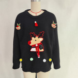 Women Christmas Patchwork Cartoon Deer Knitting Round Neck Sweater