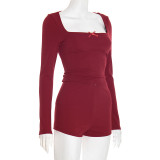 Women Autumn/Winter Casual Square Neck Long-Sleeved Top and Shorts Two-Piece Set