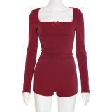 Women Autumn/Winter Casual Square Neck Long-Sleeved Top and Shorts Two-Piece Set