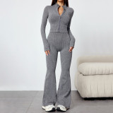 Women Autumn/Winter Zipper Long-Sleeve Jacket and Bell Bottom Pants Yoga Two-Piece Set